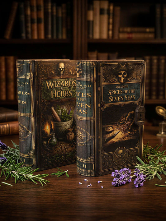 Vol I & II Bundle – Wizards and Herbs + Spices of the Seven Seas Handmade Wooden Spice Books